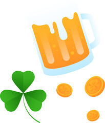 Stylized beer mug is floating with foam, green clover and gold coins on transparent background