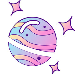 Fototapeta premium Stylized planet is orbiting with rings in vector, pastel gradients, stars on transparent background