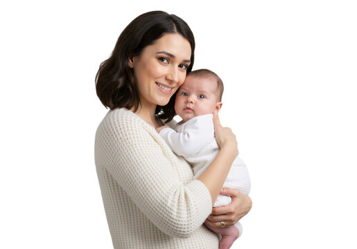 A woman gently cradles a baby in her arms, smiling down at the child, PNG format.