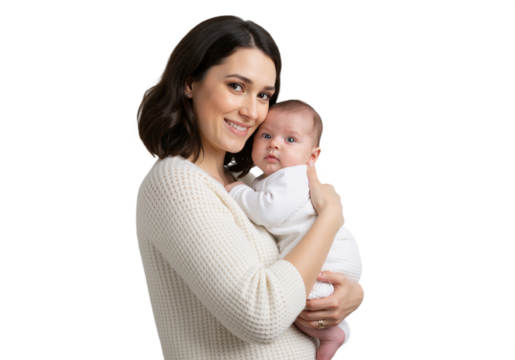 A woman gently cradles a baby in her arms, smiling down at the child, PNG format.