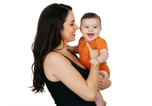 A smiling mother holds a baby in her arms, radiating warmth and joy on a transparent background, PNG format.  