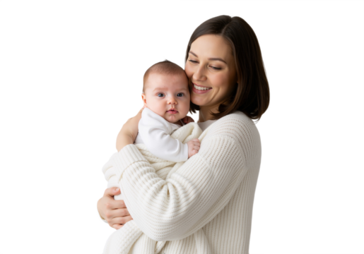 A woman gently cradles a baby in her arms, smiling down at the child, PNG format.