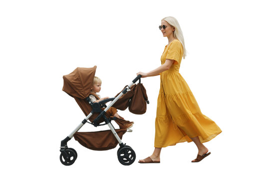 A woman pushing a stroller with a child seated inside, walking on a sunny day on a transparent background, PNG format.