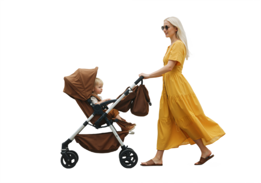 A woman pushing a stroller with a child seated inside, walking on a sunny day on a transparent background, PNG format.