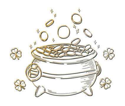 Sketch line art cauldron on transparent background is showing bouncing coins and clover sparkles