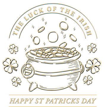 Line art is depicting cauldron with coins and shamrocks, sparkles and text, transparent backdrop