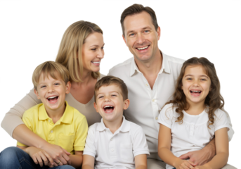 A family of five sitting together, smiling, against a plain white background, PNG format.