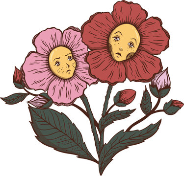Fototapeta Flower pair is blending human faces and veined stems in vintage style, transparent background