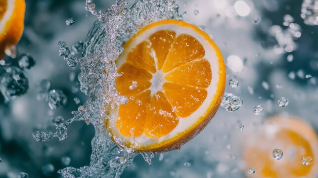 Sliced orange dropped in water splash frozen motion with bubbles and freshness captured