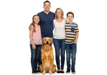 A family poses with their dog against on a transparent background, smiling and enjoying their time together, PNG format.