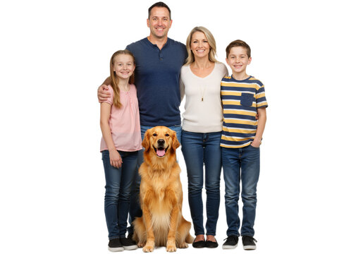 A family poses with their dog against on a transparent background, smiling and enjoying their time together, PNG format.