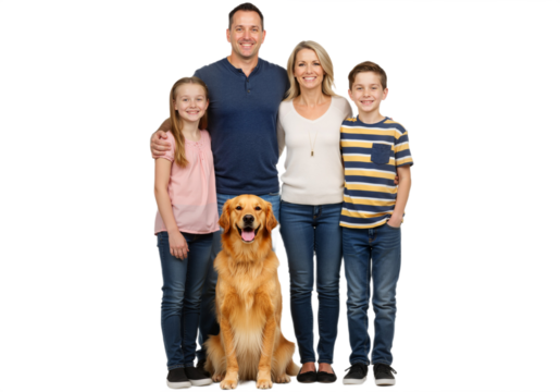 A family poses with their dog against on a transparent background, smiling and enjoying their time together, PNG format.