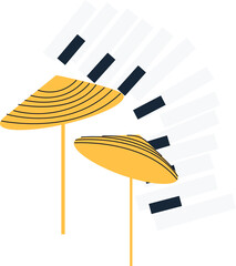 Flat musical motif is showing mustard discs on stands alongside duotone keys on transparent canvas