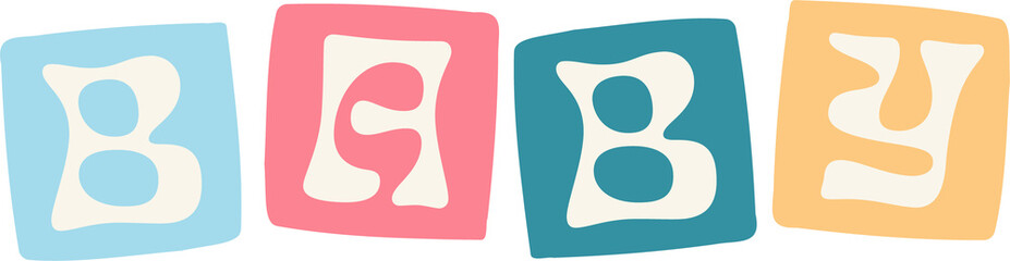 Pastel blocks spelling BABY are appearing in hand-drawn flat design on transparent background