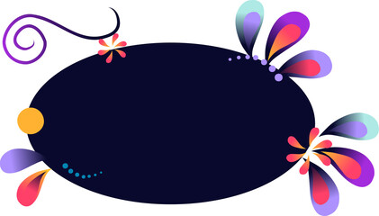 On transparent background, flat banner is showing navy oval, petals, swirl, dots and yellow circle