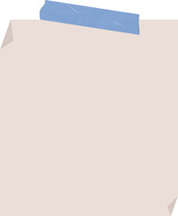 Blank paper sheet is floating in flat design, held by crumpled blue tape, transparent background