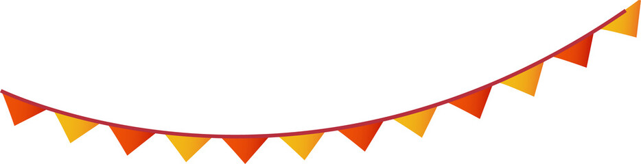 Flat bunting is hanging on red rope with orange and yellow triangular flags, transparent background