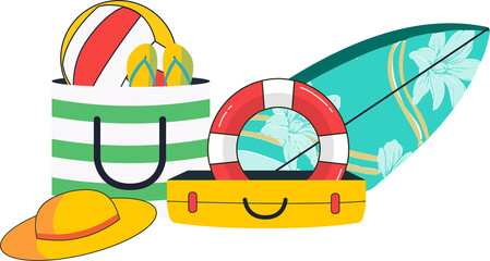 Flat design beach gear is being arranged on transparent backdrop, showing tote bag, hat, copy space