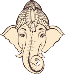 Stylized line-art elephant head is showing curling trunk and ornate crown on transparent background