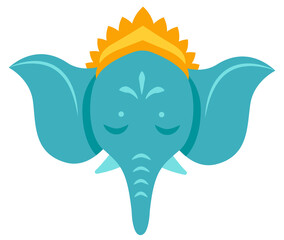Turquoise elephant head showing flat vector design with crown motif, transparent background