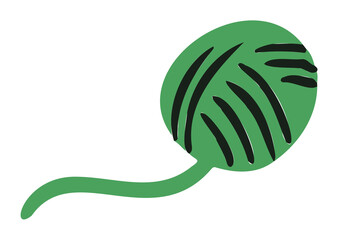 Flat design yarn ball is showing green sphere with black stitches, tail, transparent background