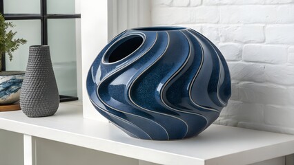 Abstract Dark Blue Ceramic Sculpture on White Shelf.