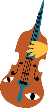 Flat design showing brown violin with eyeballs and yellow hand on blue neck, transparent background