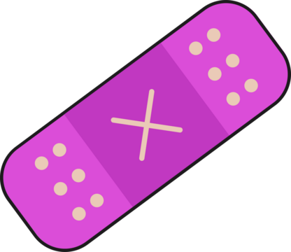 Cartoon bandage floating angled on clear backdrop showing magenta-purple, beige cross, perforations