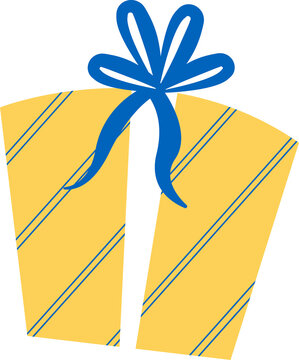 Showing flat yellow gift box with blue stripes and white ribbon bow on transparent background