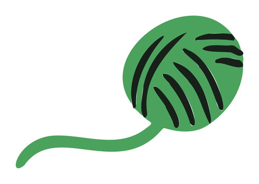 Flat design yarn ball is showing green sphere with black stitches, tail, transparent background