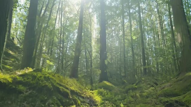 Dramatic sunbeams pierce through dense forest canopy of tall trees creating magical atmospheric lighting effects as camera slowly moves upward revealing natural woodland beauty