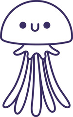 Cartoon jellyfish with purple outline is floating in line art, transparent background, copy space
