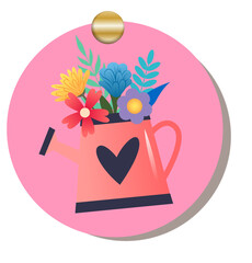 Flat design is showing watering can with heart icon, blooms, foliage on coral tag, clear background
