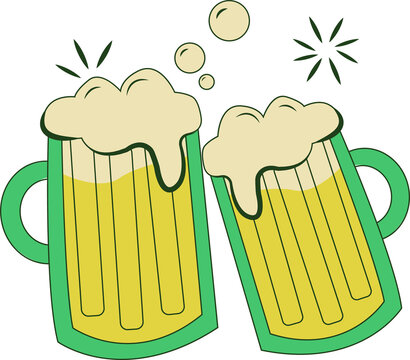 Naklejki In flat design on transparent background, two beer mugs are clinking with foam bubbles, starbursts