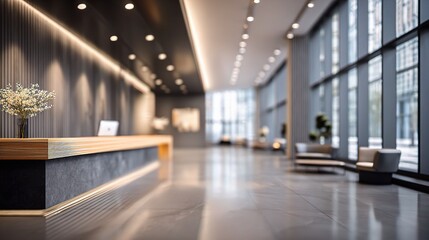 Fototapeta premium Minimalist Office Lobby with Softly Blurred Modern Desk and Decor