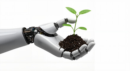 Robot hand holding soil with a growing plant symbolizing technology and nature on a white background
