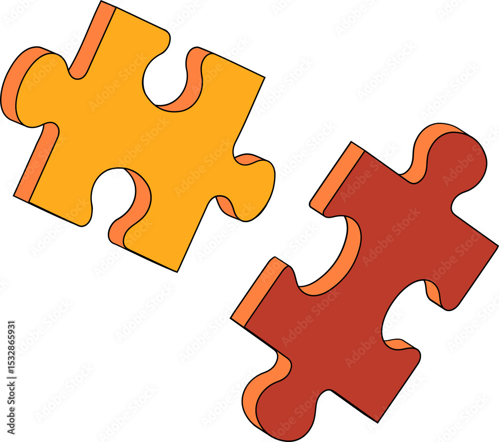 Poster vector design showing two 3d isometric yellow and red puzzle pieces floating on transparent layer