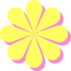 Vector flower is featuring yellow petals, pink shadows on transparent background, copy space