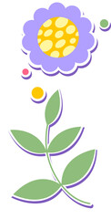 Depicting flat purple flower with yellow spotted center green leaves circles transparent background