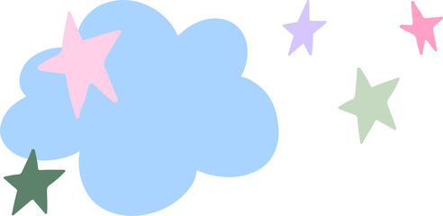Pastel blue cloud is floating in flat style on transparent background, featuring five-pointed stars