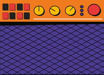 Flat vector art is showing guitar amp controls with knobs, speaker grill on transparent background