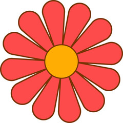 Daisy graphic showing fourteen red petals, yellow core brown-outlined on transparent canvas