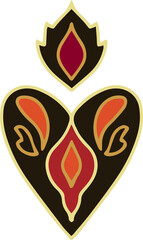 Symmetric flat emblem showing nested teardrops in red orange gold on transparent canvas, copy space