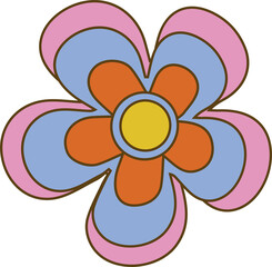 Flat flower on transparent background is showing blue-orange petals with pink trim and yellow disk