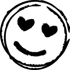 Hand is drawing brushstroke face with heart shaped eyes and curved mouth on transparent backdrop