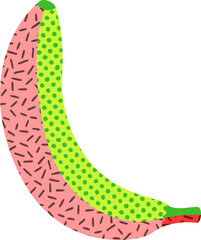 Flat banana is showing split pink green halves, sprinkles, dots, stem, red tip on transparent field