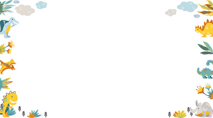 Vector illustration showing dinosaur frame with dinosaurs, foliage, clouds, transparent, copy space