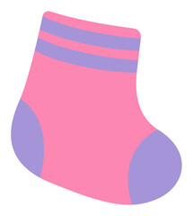 Cartoon sock is floating, showing pink with purple cuff stripes on transparent background