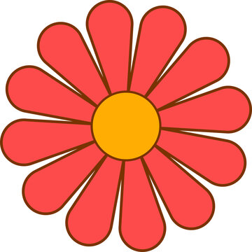 Fototapeta Daisy graphic showing fourteen red petals, yellow core brown-outlined on transparent canvas