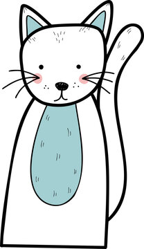Fototapeta Cartoon cat is standing upright with pastel blue belly patch, hand-drawn, transparent background